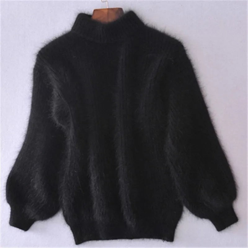 Black fluffy knit sweater with balloon sleeves and stand collar