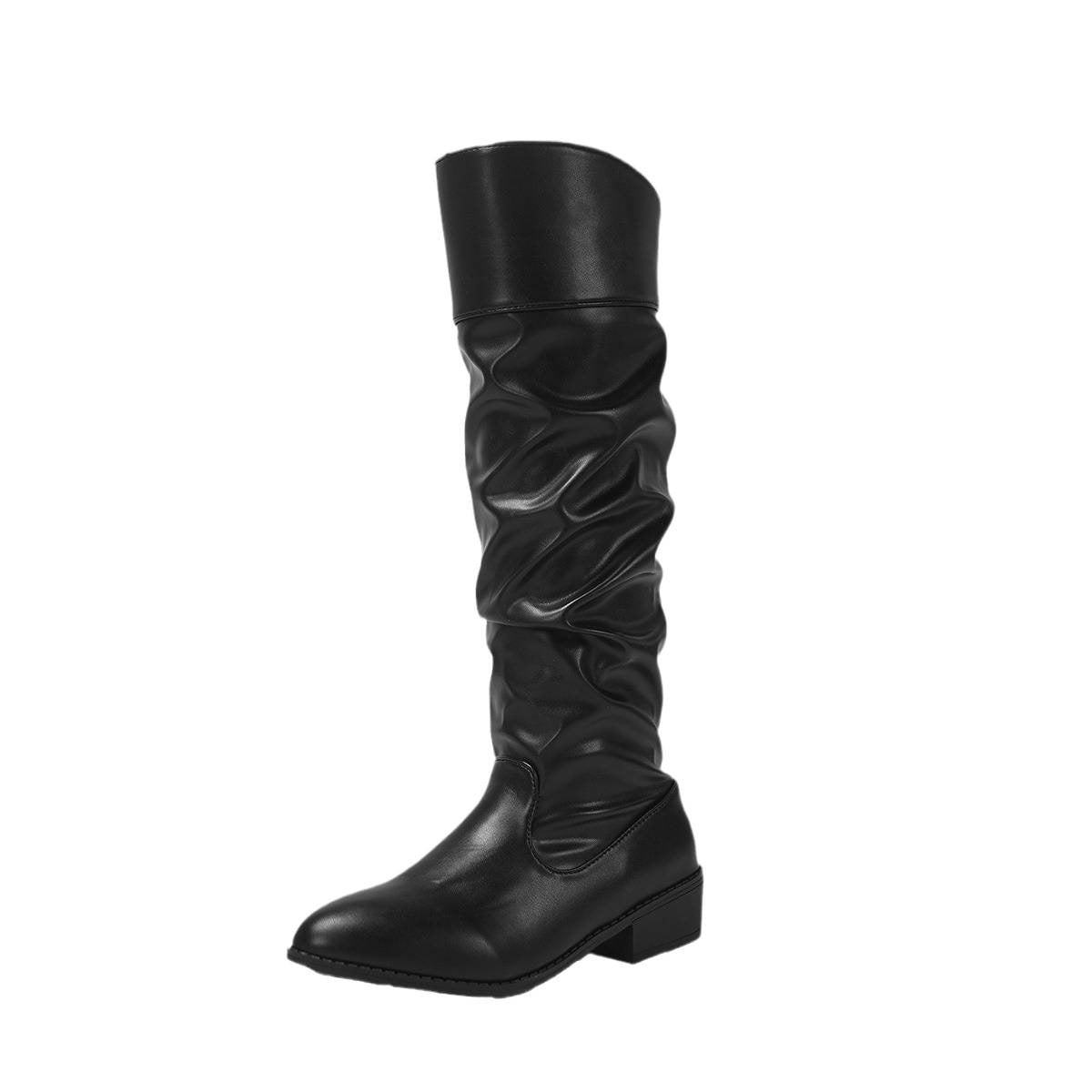 Black fold cuff knee boot with a low block heel, product view