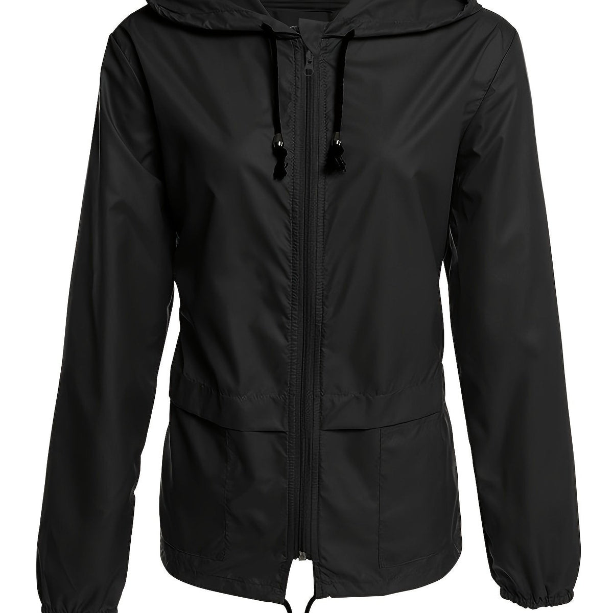Black windbreaker with a drawstring hood, product view