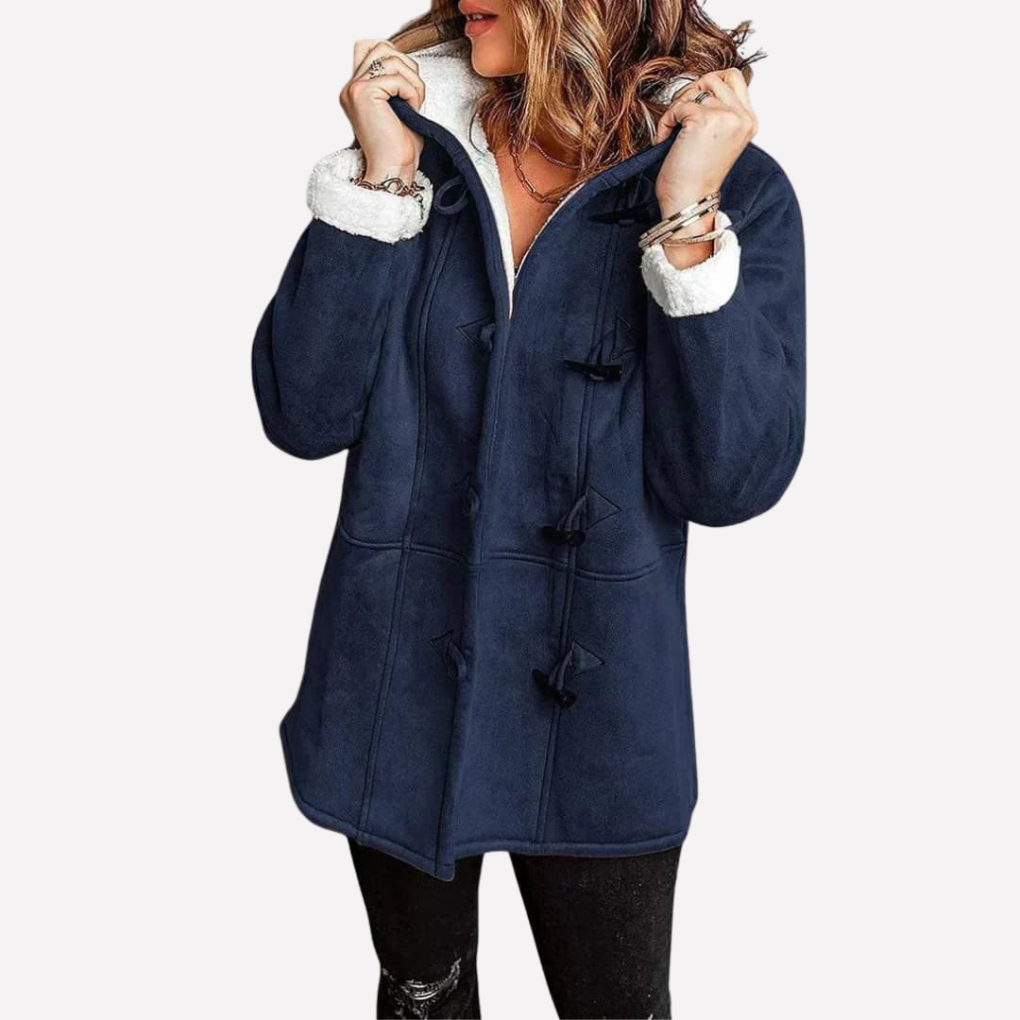 Navy hooded toggle front coat with a sherpa lining