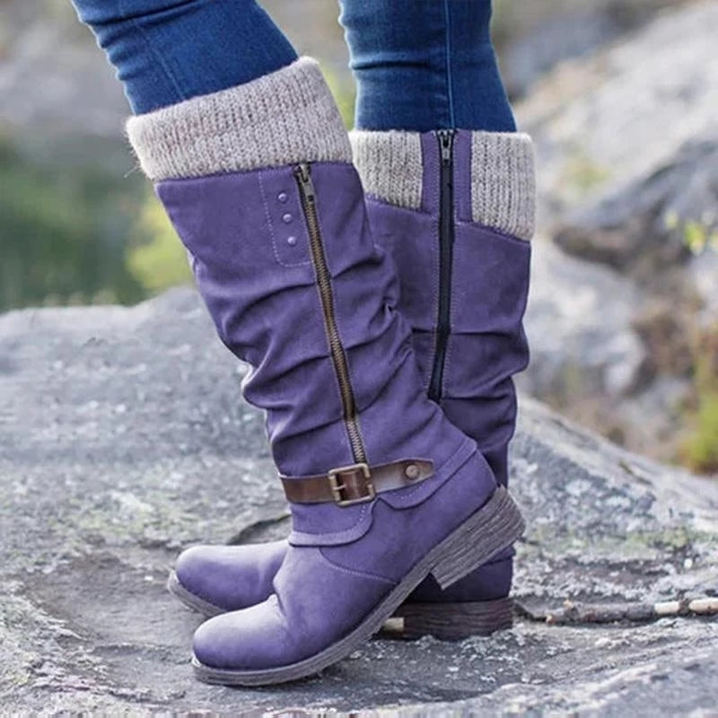 Purple knit cuff slouch boots with a side zip