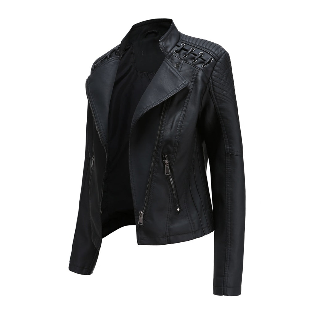 Black moto jacket, side angle view