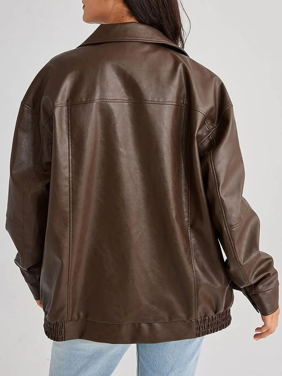 Back view of the brown oversized bomber jacket with yoke seam
