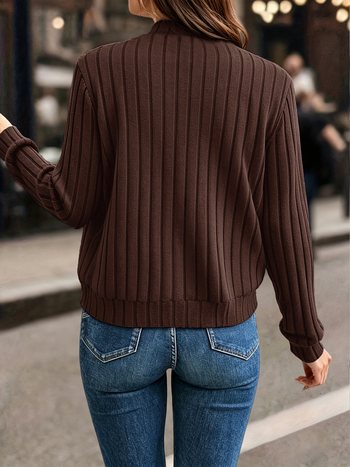 Back view of the brown ribbed knit zip front jacket
