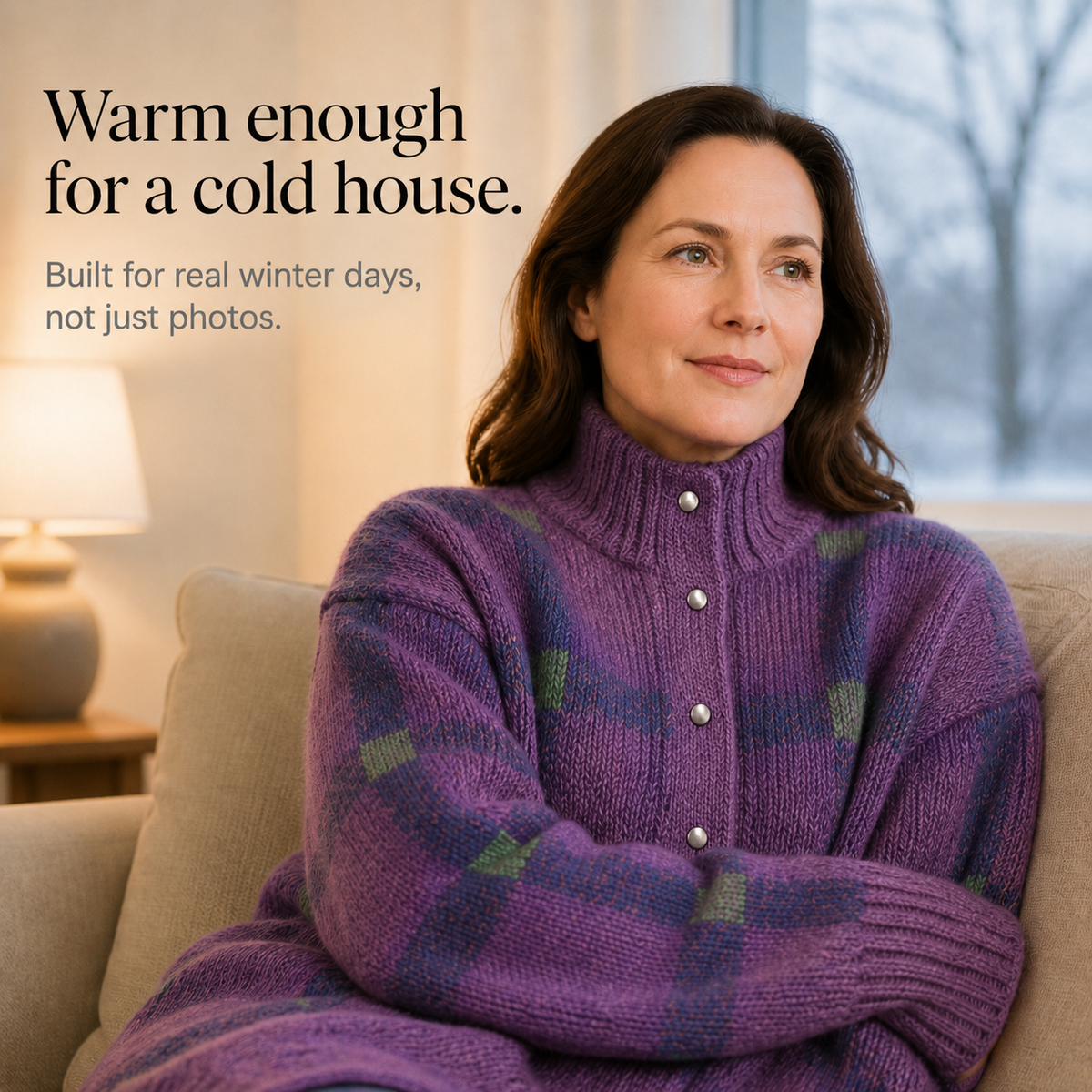 Feature panel of the purple checked cardigan worn on a sofa