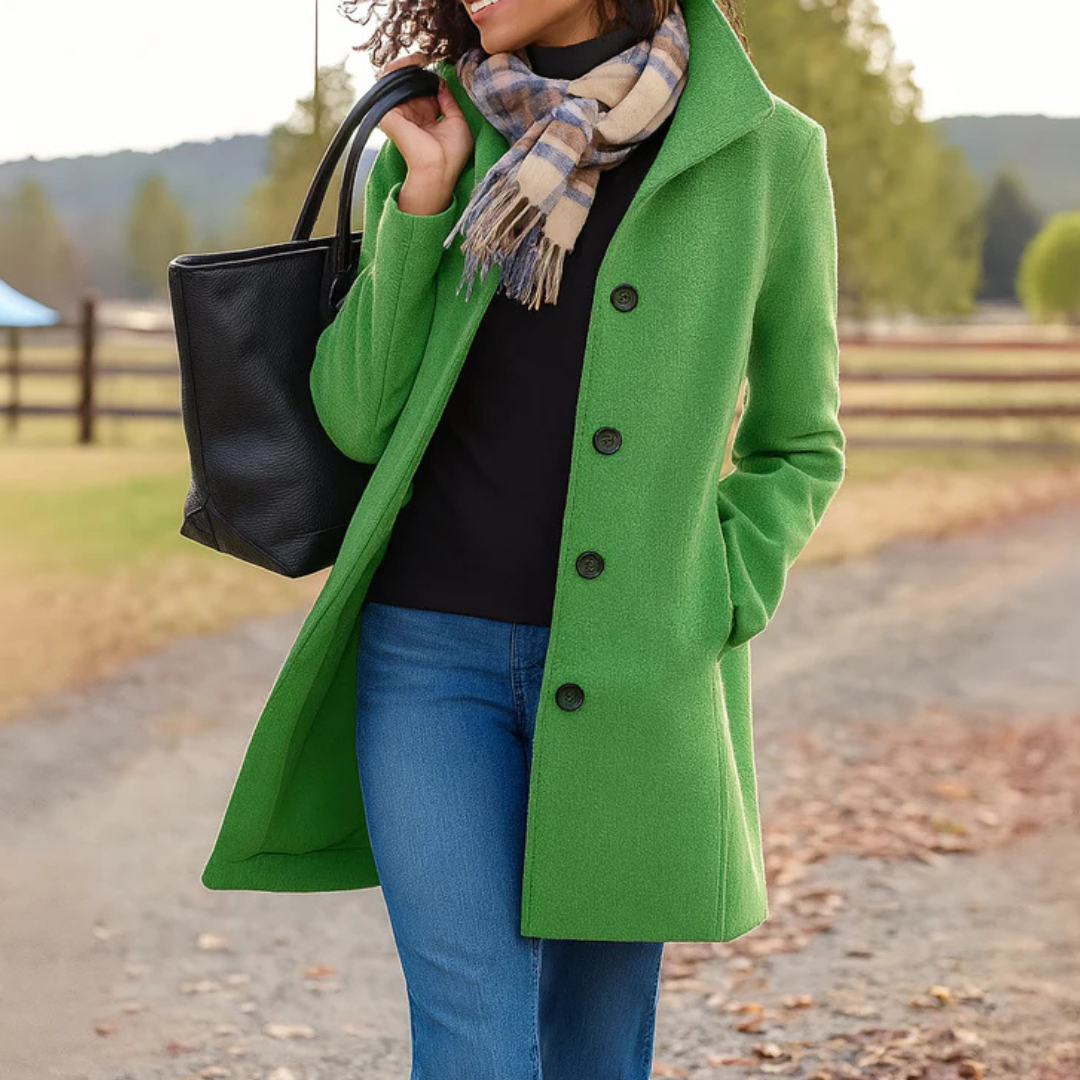 Bright green button-front longline winter coat worn with jeans