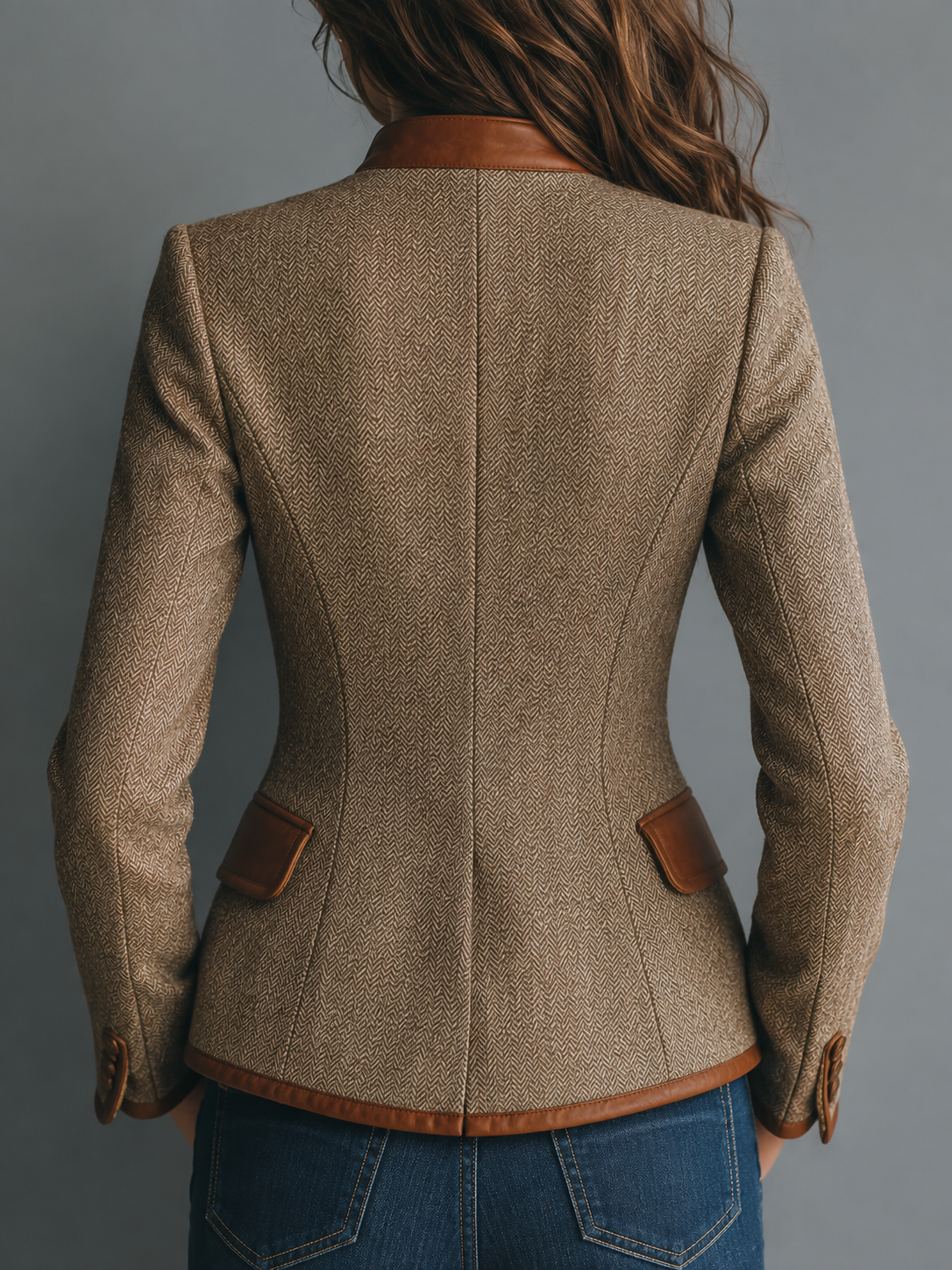 Back view of the taupe herringbone tweed jacket with leather trim