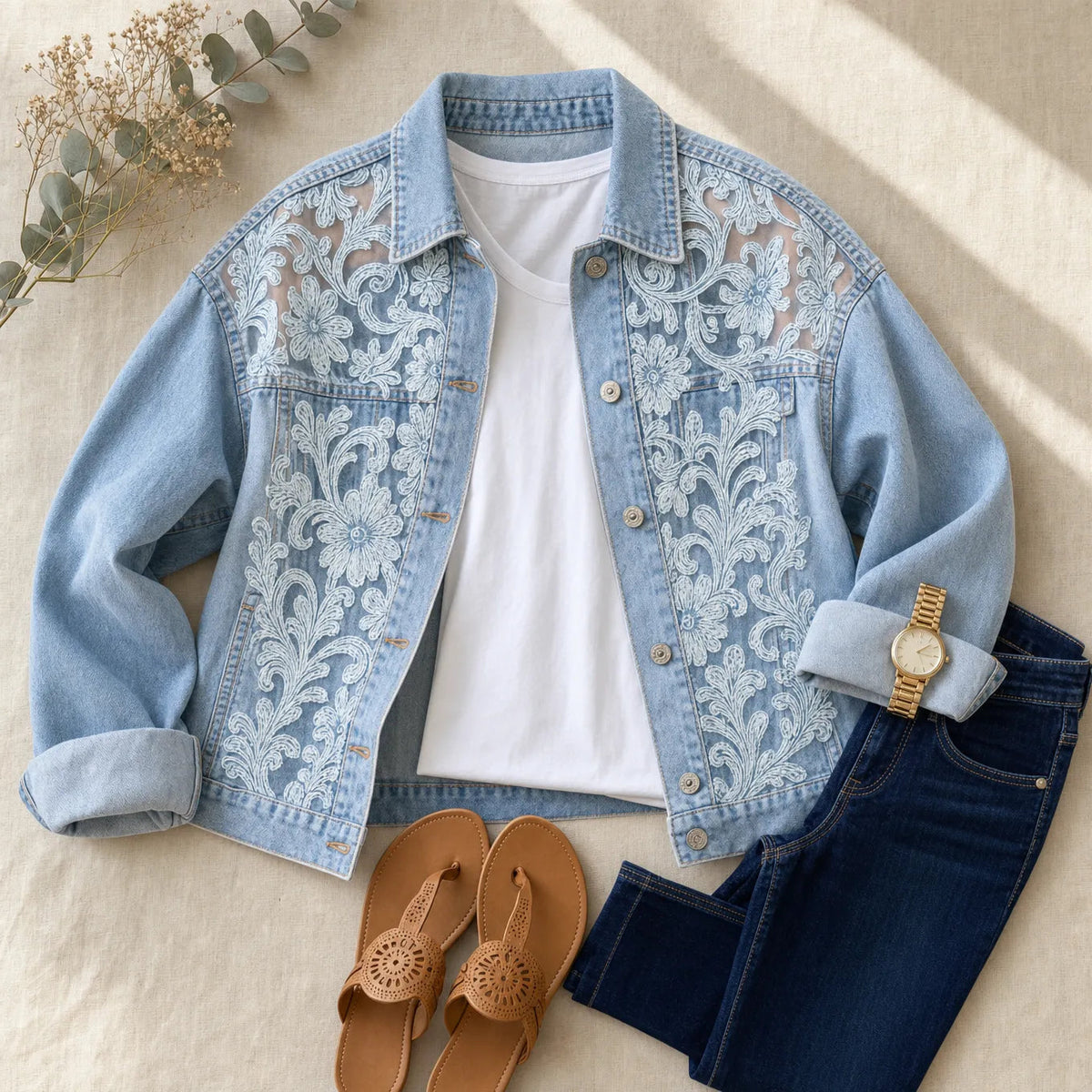 Lace patchwork denim jacket flat laid with a white tee and jeans