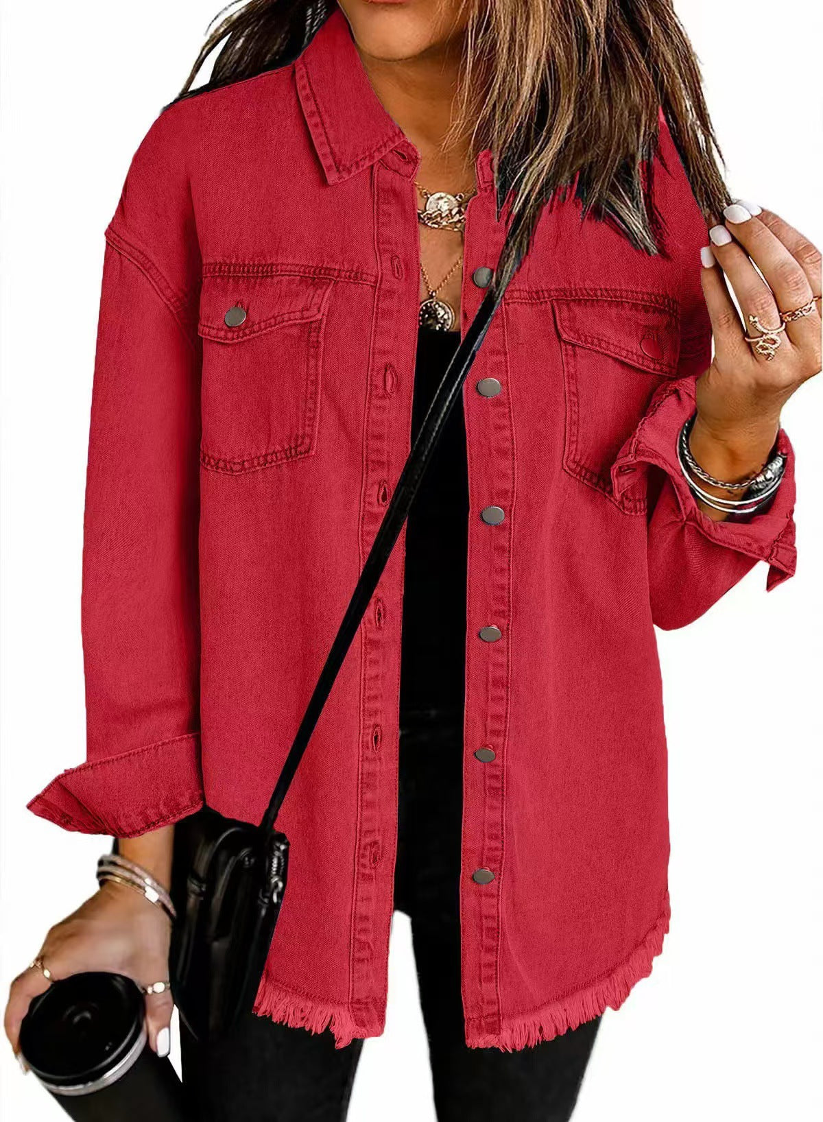 Red longline denim jacket with a frayed hem
