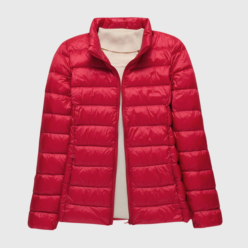 Red lightweight quilted puffer jacket with a stand collar