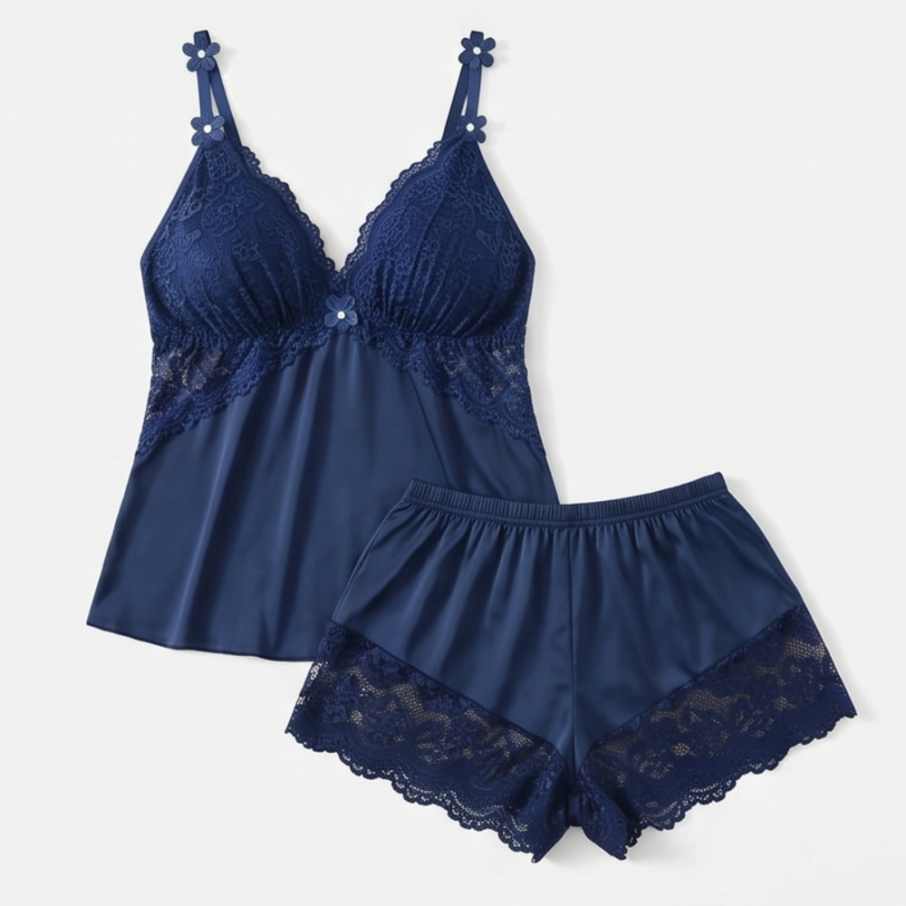 Navy satin cami and shorts set with lace bust panels