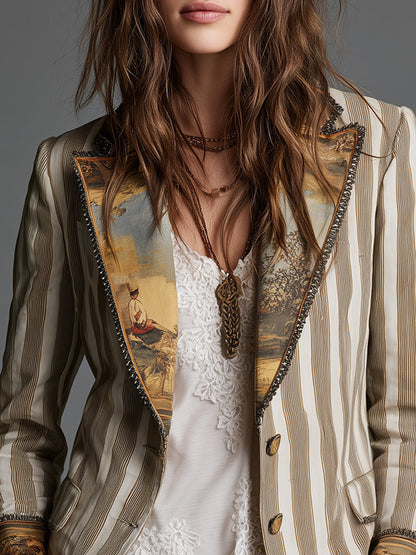Close-up of the printed lapels on the khaki striped blazer