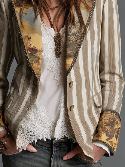 Khaki striped blazer worn open with the printed cuffs turned back