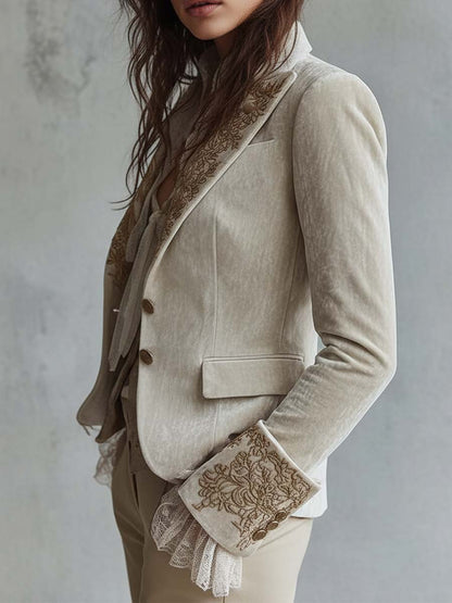 Ivory embroidered lapel blazer, side view with a flap pocket