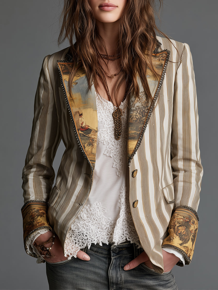 Khaki striped blazer with printed lapels and cuffs over a lace top and jeans