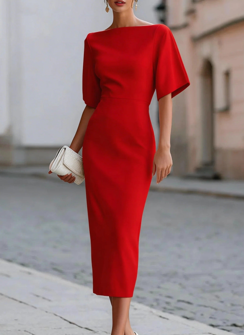 Red boat neck midi pencil dress with wide dolman sleeves