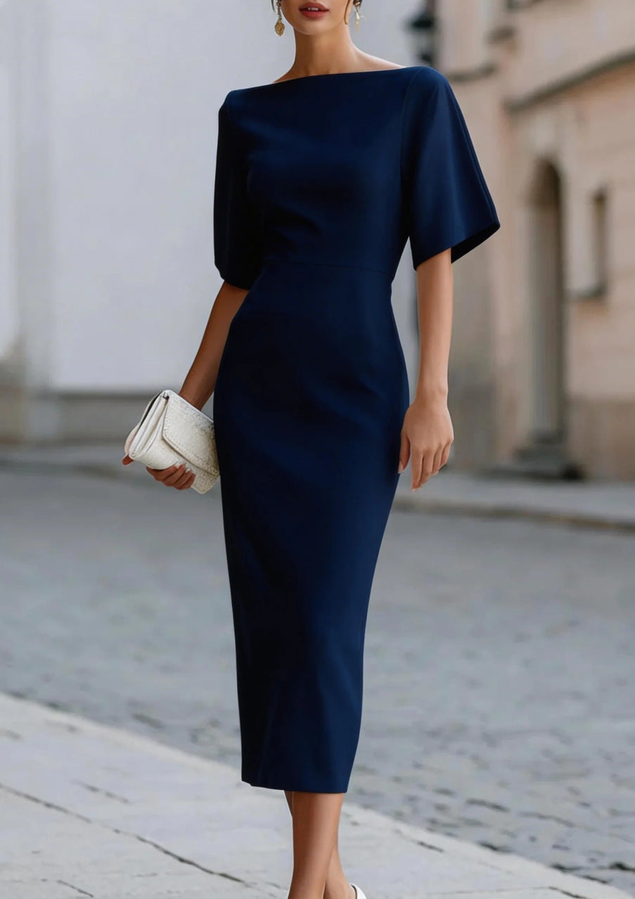 Navy boat neck midi pencil dress with wide dolman sleeves