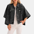 Black batwing cropped denim jacket, front view