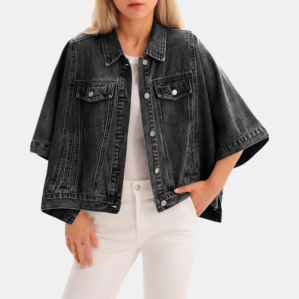 Black batwing cropped denim jacket, front view