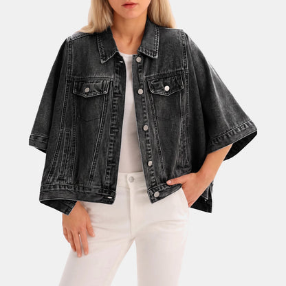 Black batwing cropped denim jacket, front view