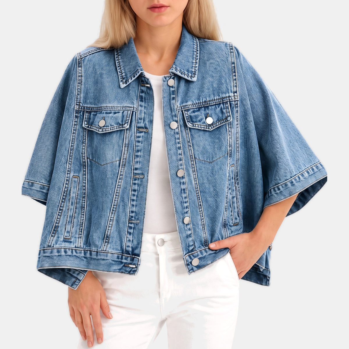 Denim blue batwing cropped denim jacket, front view