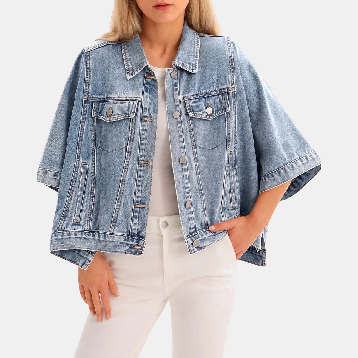 Light blue batwing cropped denim jacket, front view