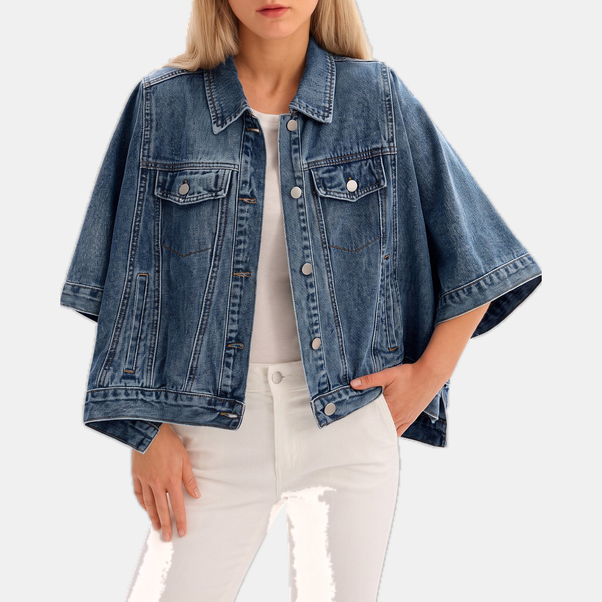 Navy batwing cropped denim jacket, front view