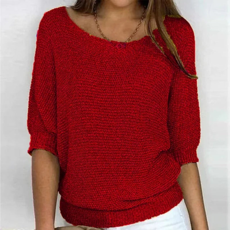 Red batwing scoop neck knit sweater, front view