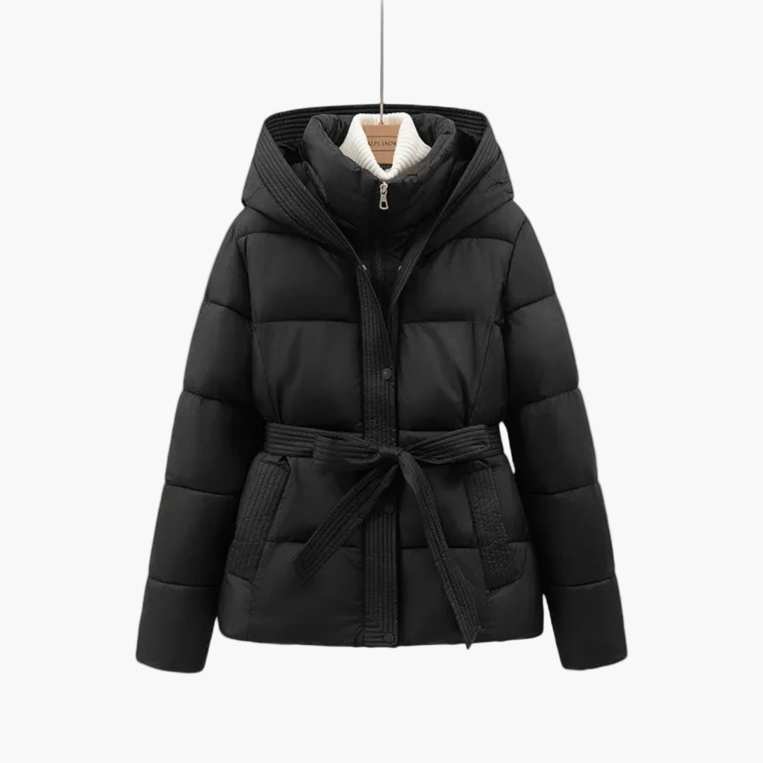 Black belted hooded puffer jacket on a hanger, front view