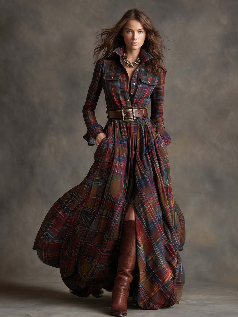 Burgundy plaid shirt dress with a wide leather belt, walking view