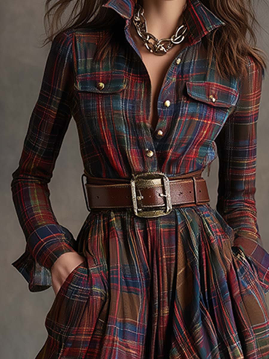 Close up of the burgundy plaid shirt dress bodice and belt