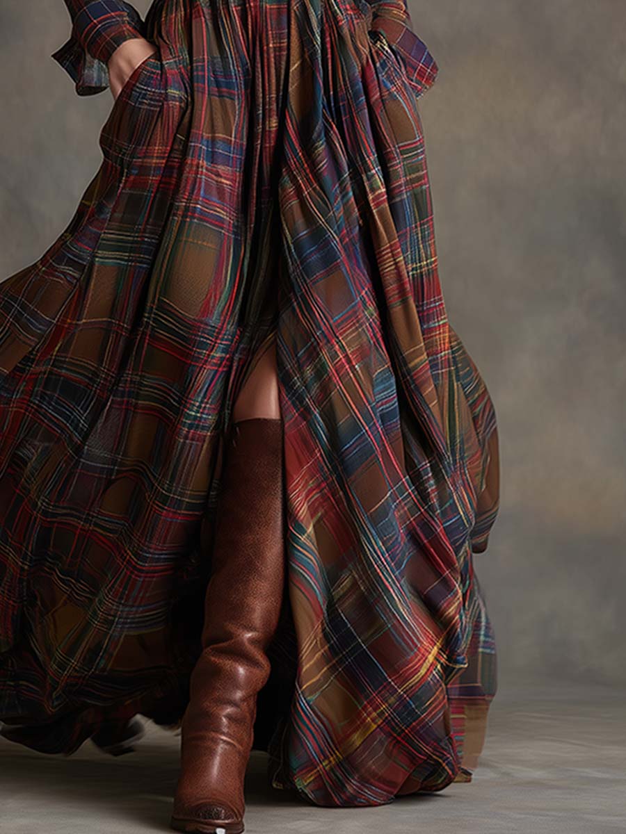 Close up of the burgundy plaid skirt and brown boots