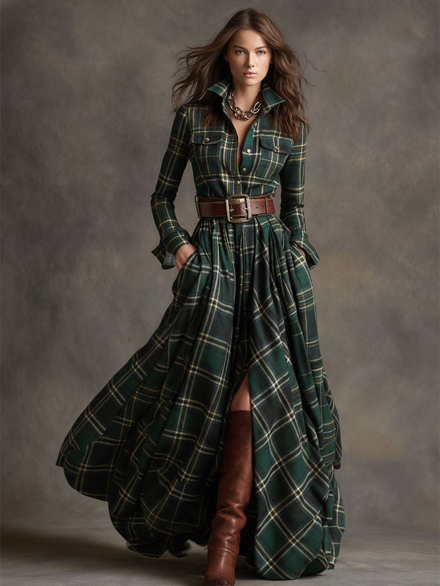 Green plaid belted shirt dress, full length view