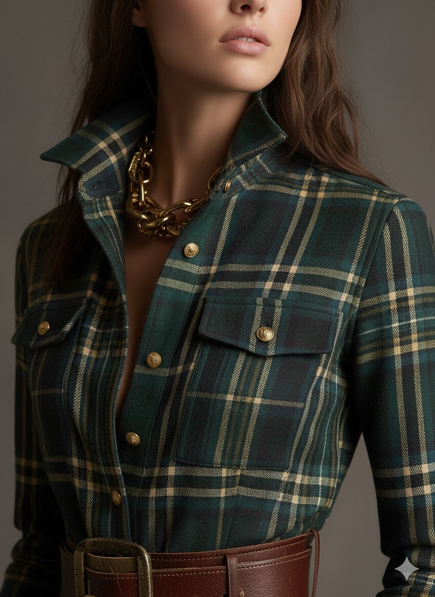 Close up of the green plaid shirt dress collar and pockets