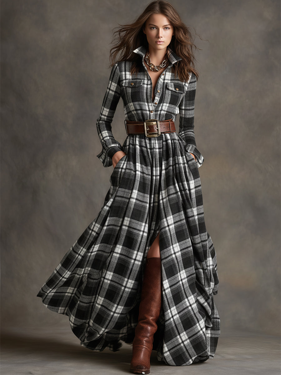 Black and white plaid shirt dress, full length view