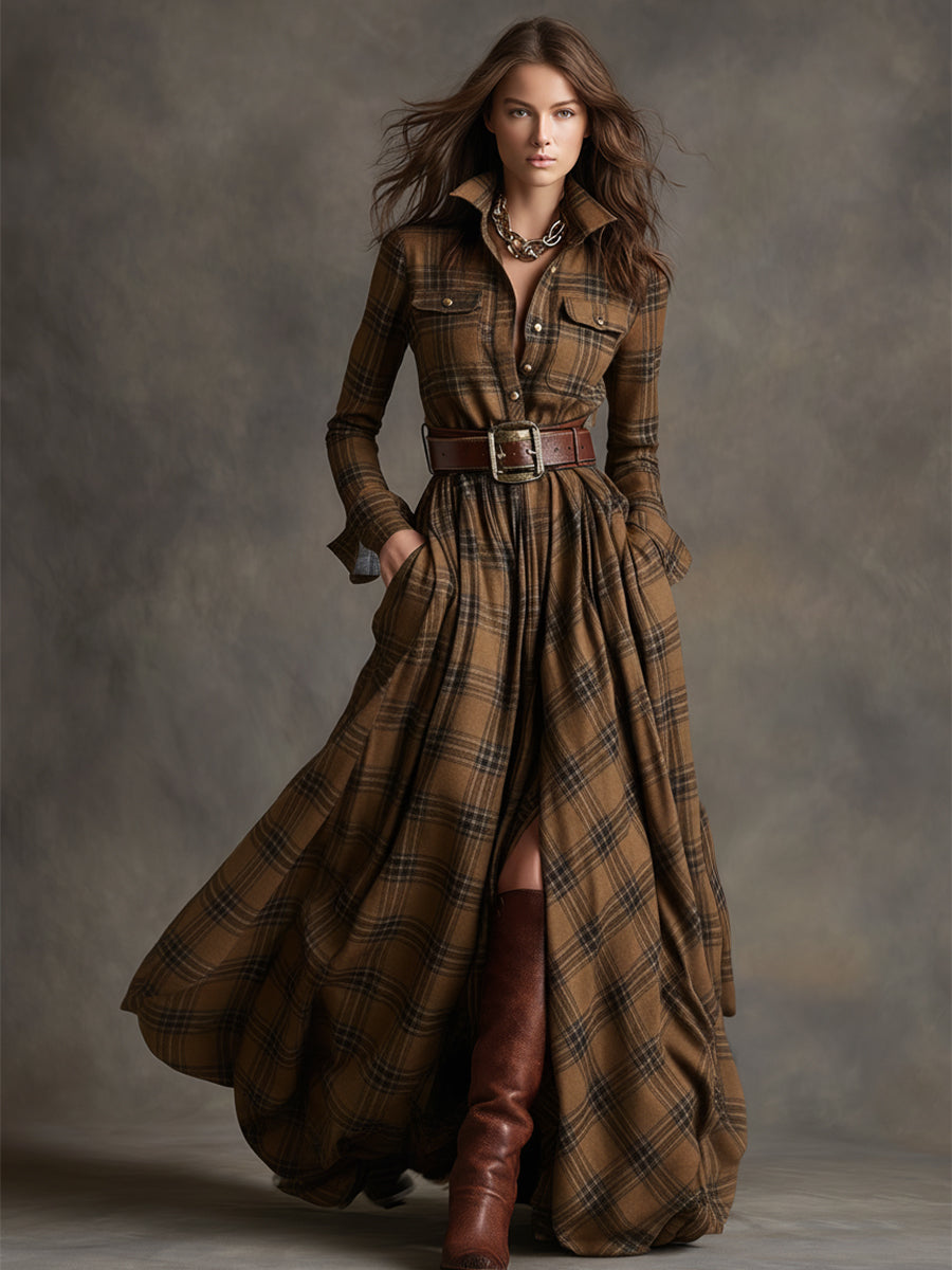 Brown plaid belted shirt dress, full length view