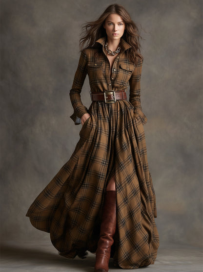 Brown plaid belted shirt dress, full length view