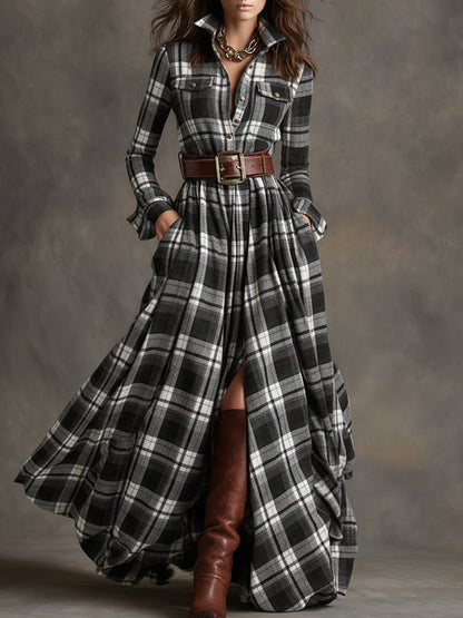 Belted Plaid Shirt Dress in Black | Valenira