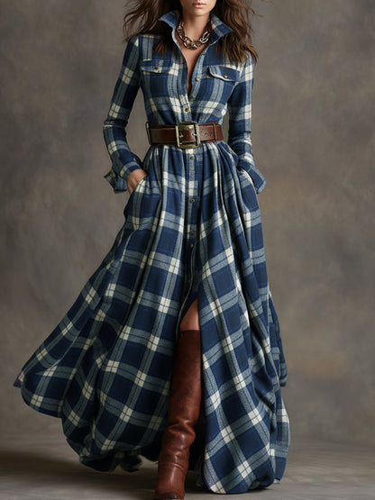 Blue plaid belted maxi shirt dress worn with brown boots