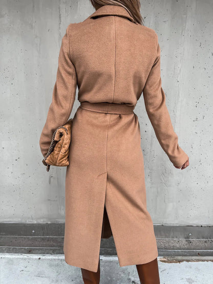 Back view of the khaki belted shawl collar coat