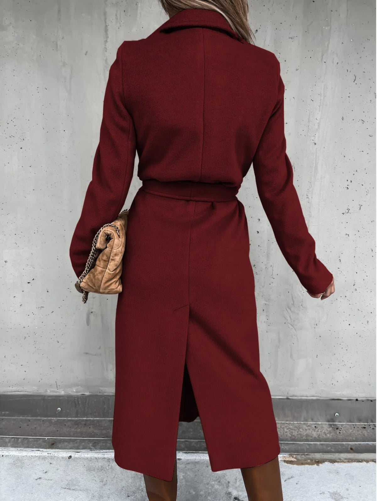Back view of the burgundy belted shawl collar coat