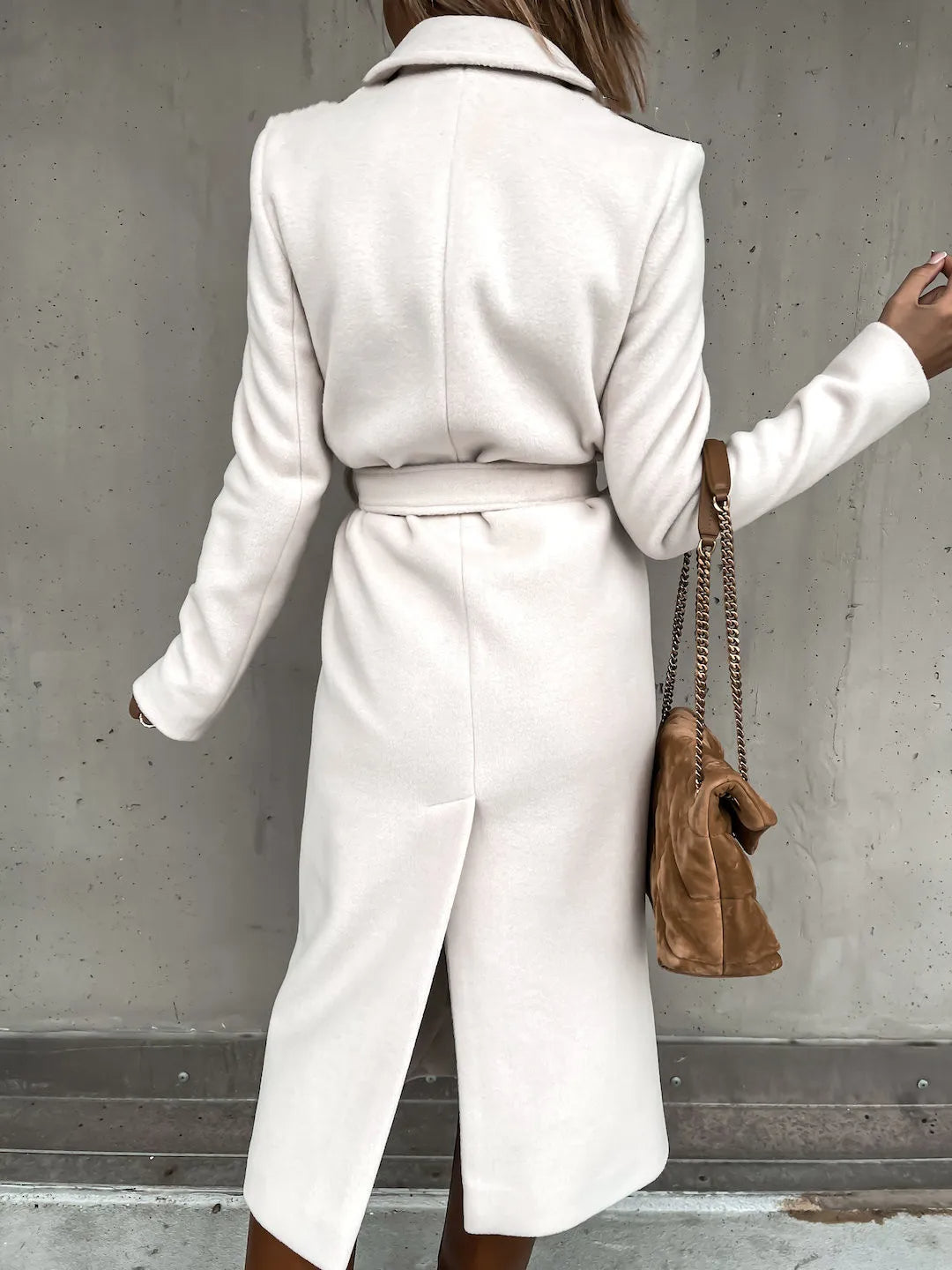 Back view of the white belted shawl collar coat