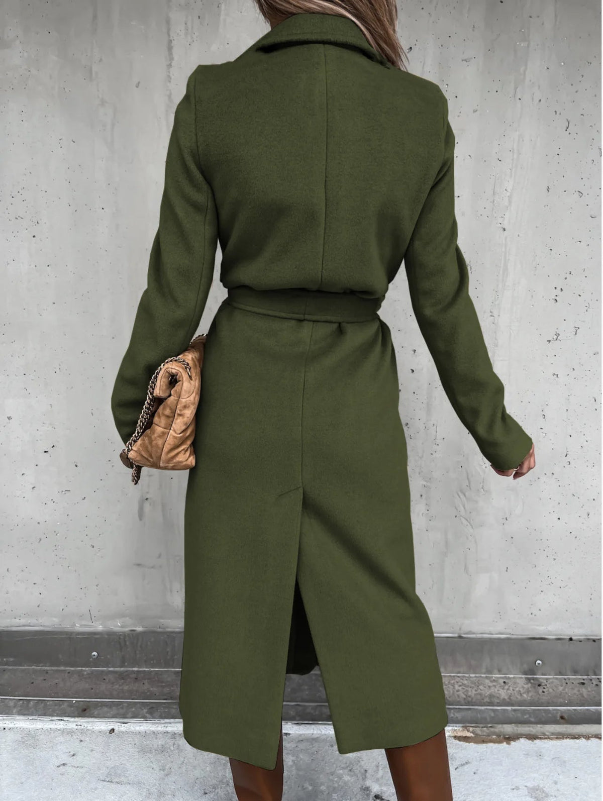Back view of the olive green belted shawl collar coat