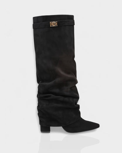Single black suede foldover knee boot seen from the side