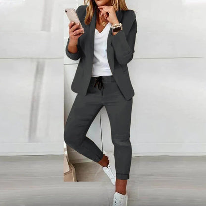 Charcoal grey blazer and jogger set worn, front