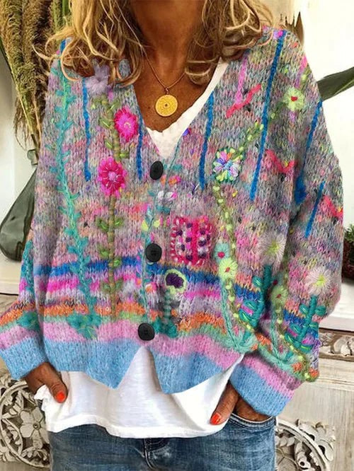 Pastel dream botanical print cardigan over a white tee, front view