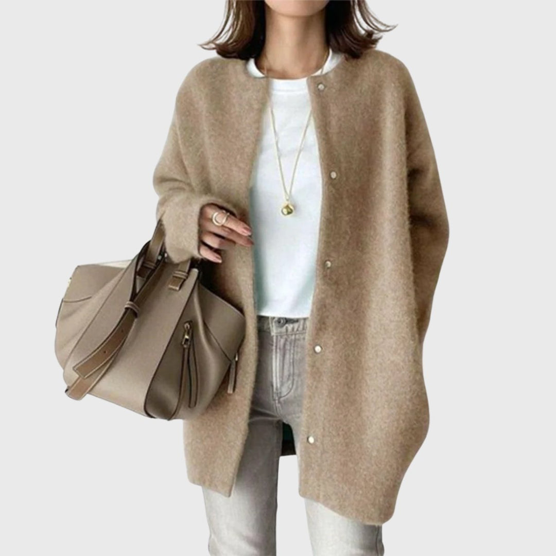 Khaki-Brown brushed knit long cardigan worn over a white tee and light jeans, front view