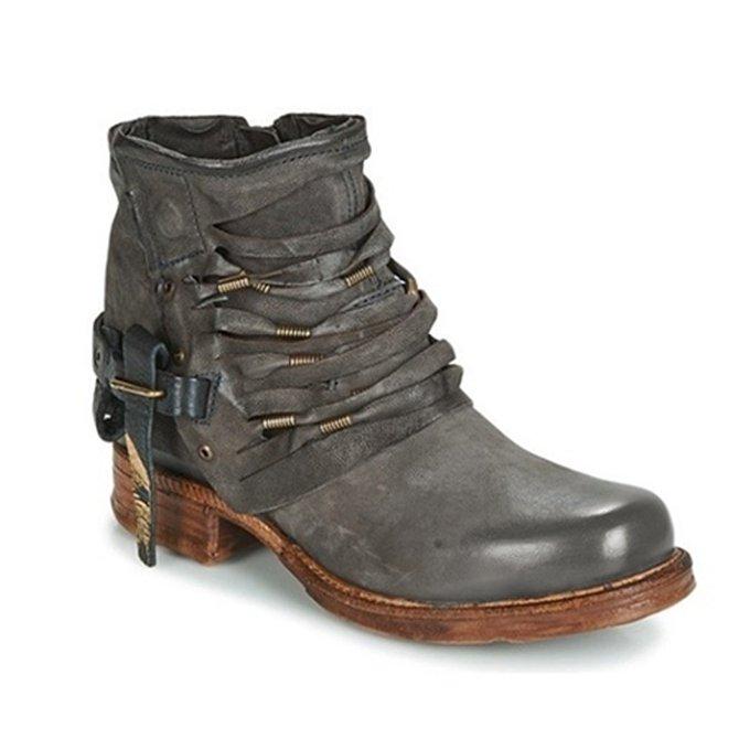Women's buckle strap ankle boots in dark charcoal, outer side view with buckle strap