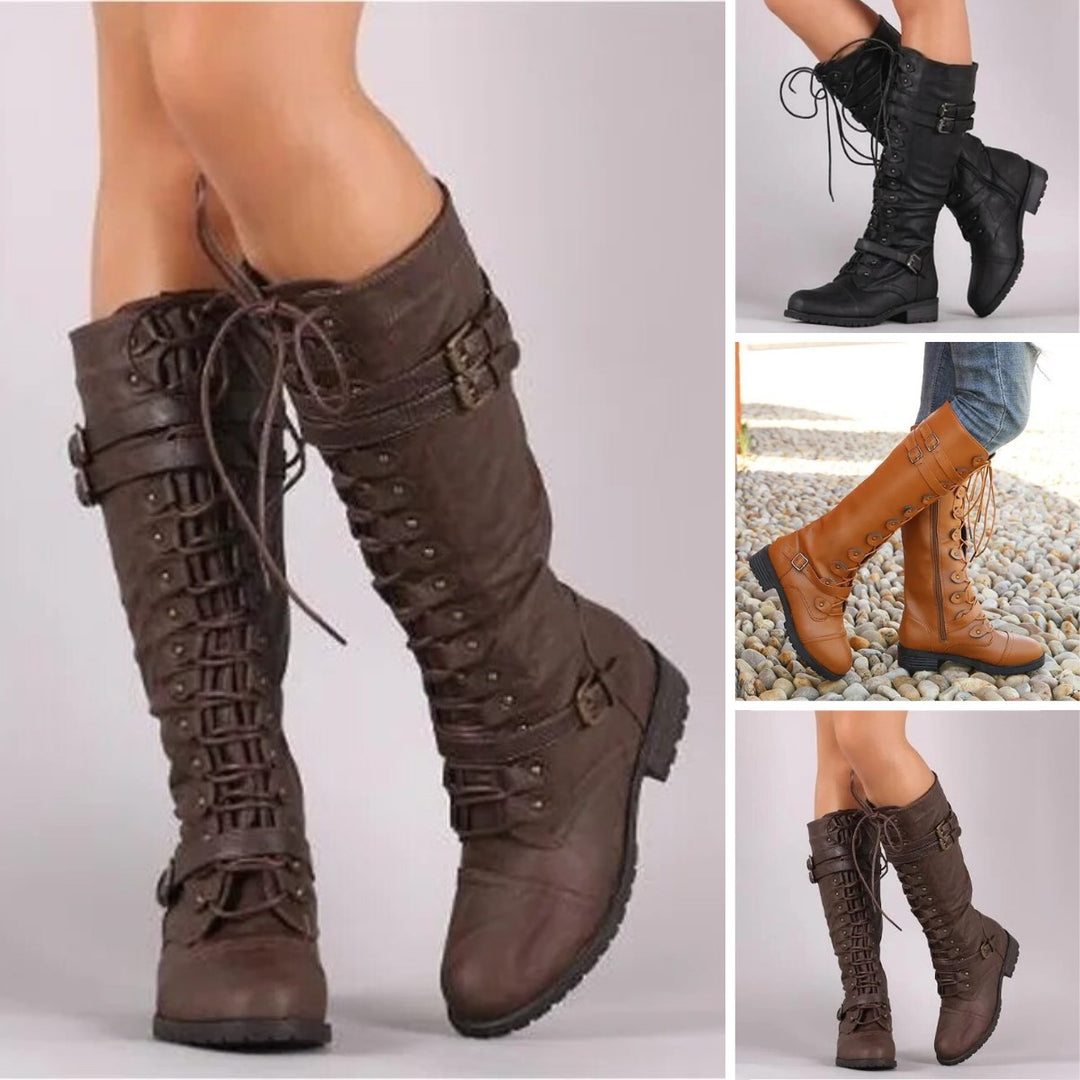 Dark brown buckled knee high boots with full lace-up shaft, front view