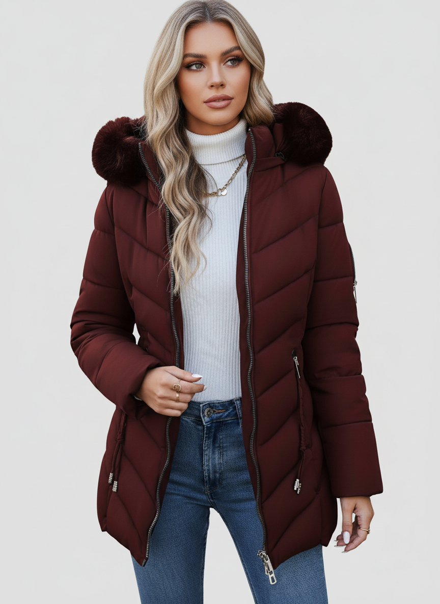 Burgundy quilted coat with a faux fur hood, worn open over jeans